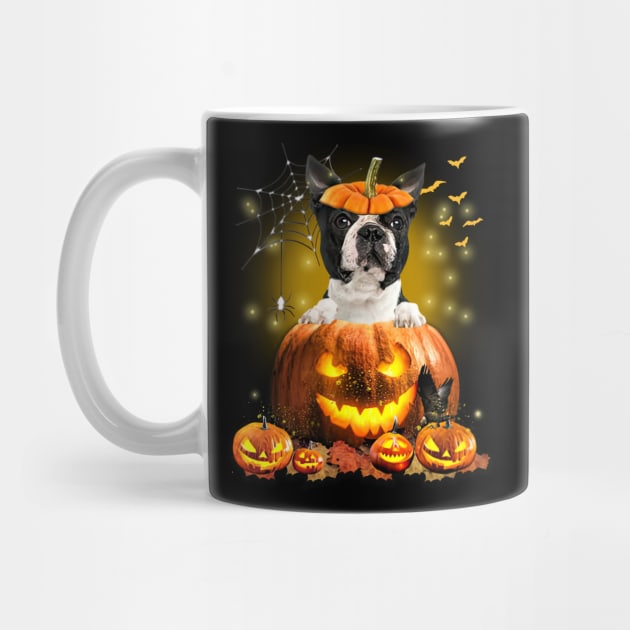 Black Boston Terrier Spooky Halloween Pumpkin Dog Head by Los Draws